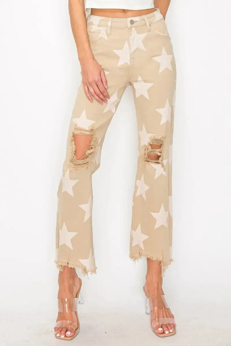 RISEN Full Size High Rise Star Printed Frayed Hem Jeans - Love Salve